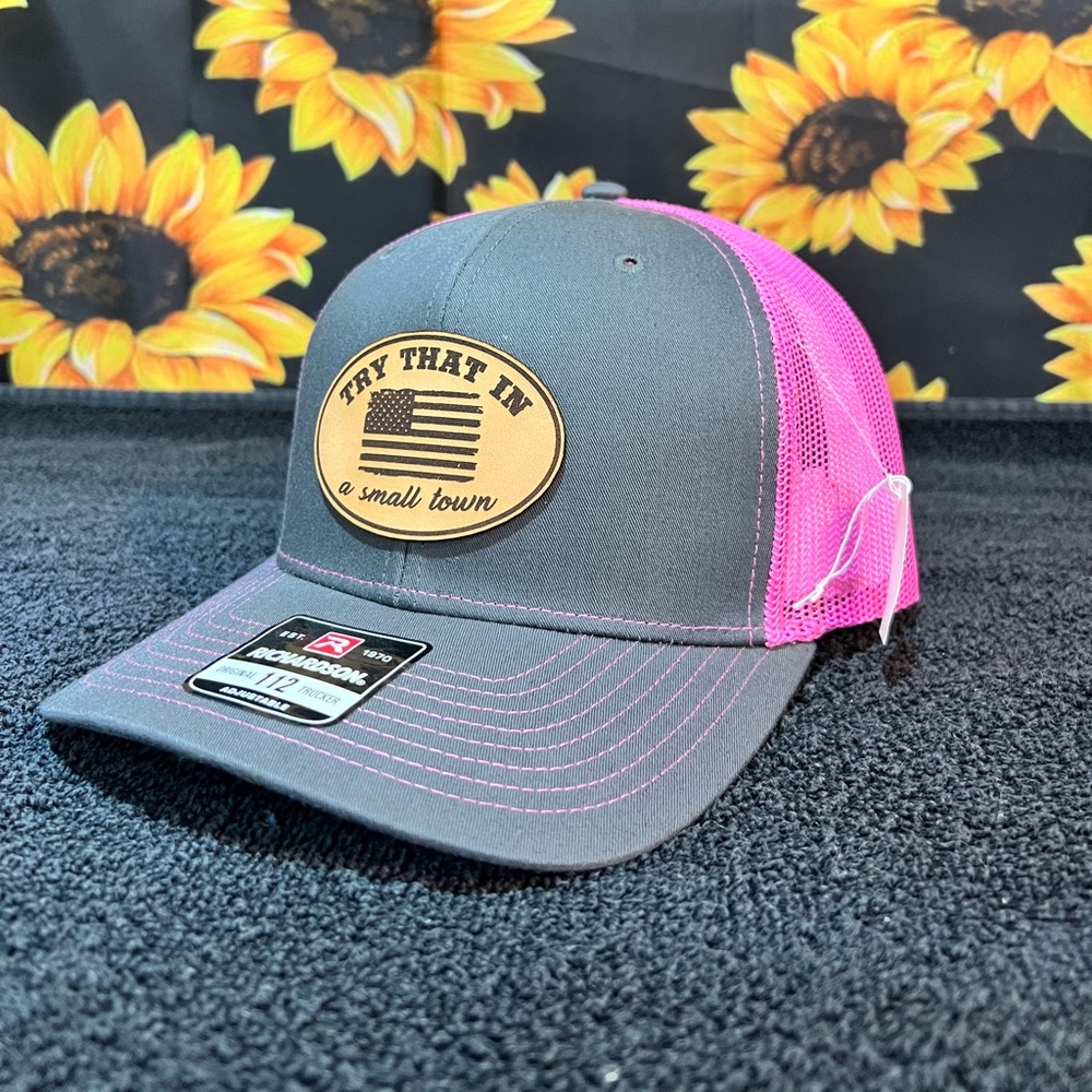 NWT Richardson 112 Pink and Grey Try that in a Small Town SnapBack Hat